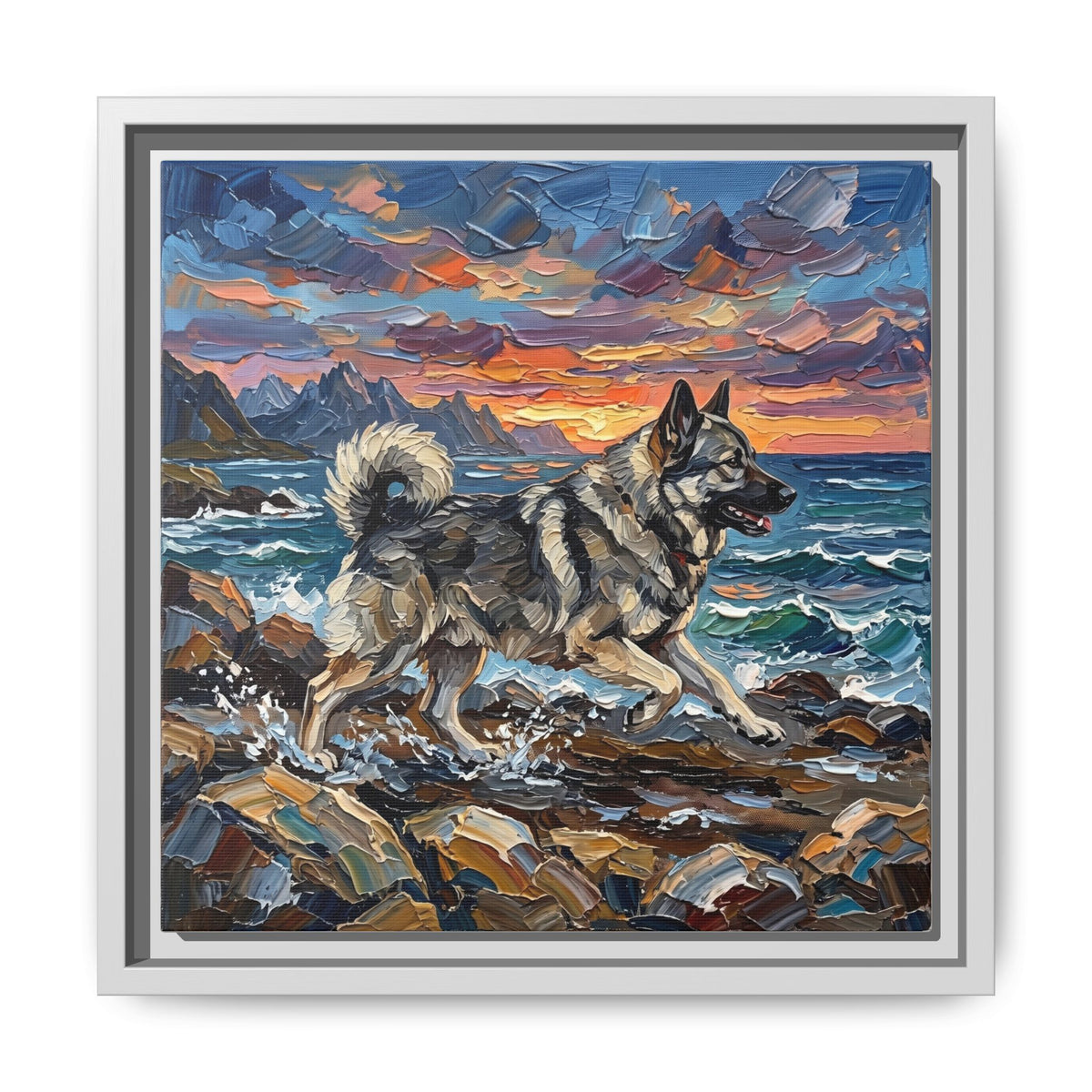 "Beach Days - Norwegian Elkhound" Framed Canvas Wall Art