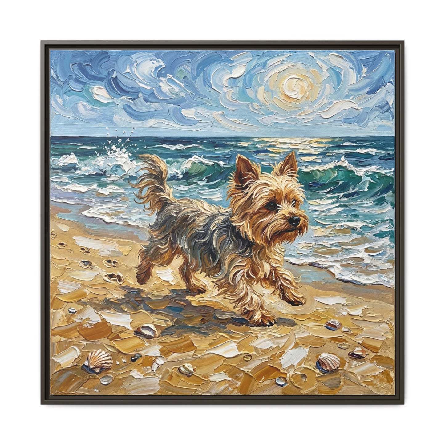 "Beach Day - Yorkie" Framed Canvas Wall Art