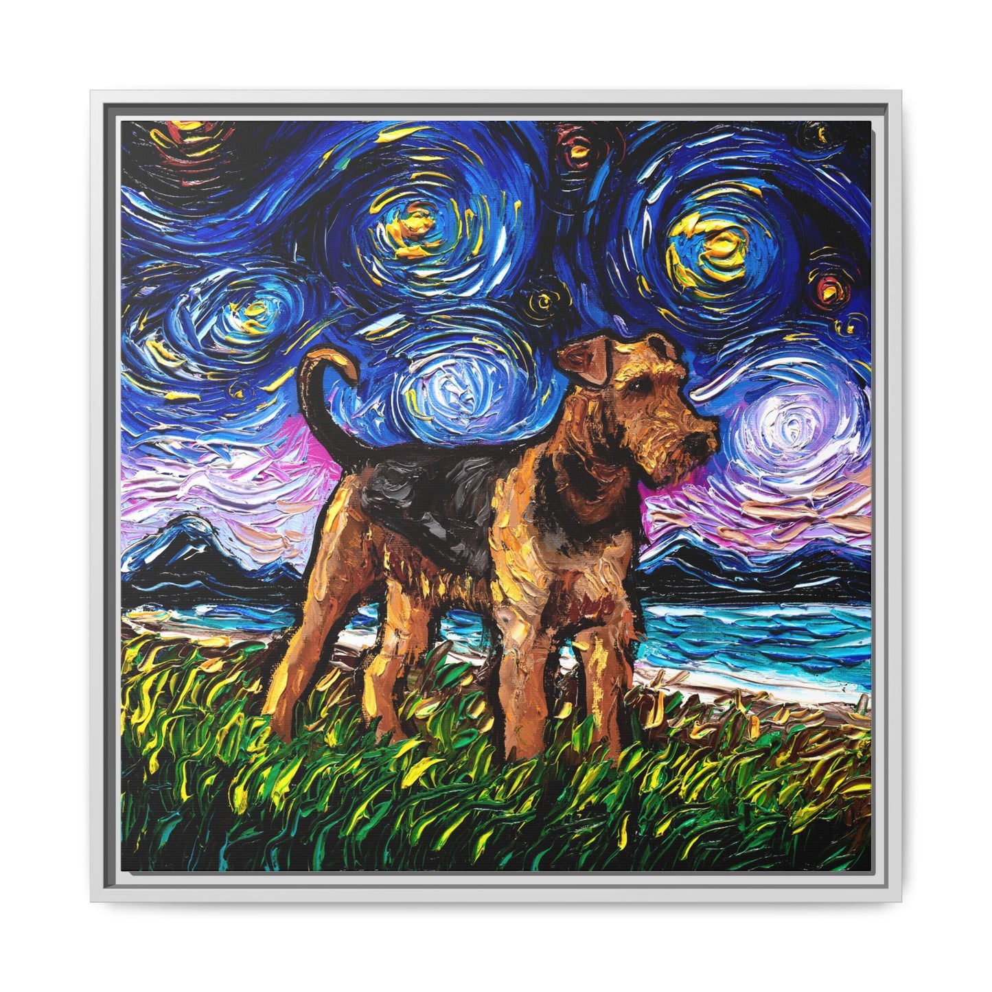 "Airedale Terrier Night" Framed Canvas Wall Art