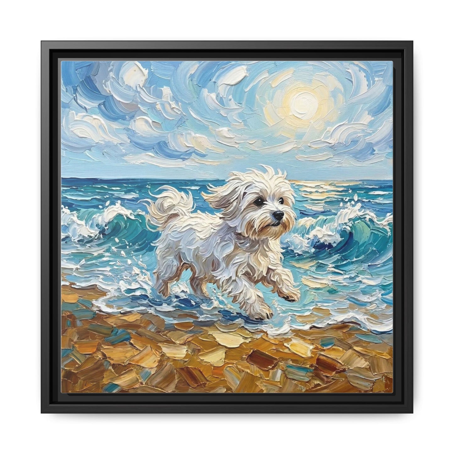 "Beach Day - Maltese" Framed Canvas Wall Art