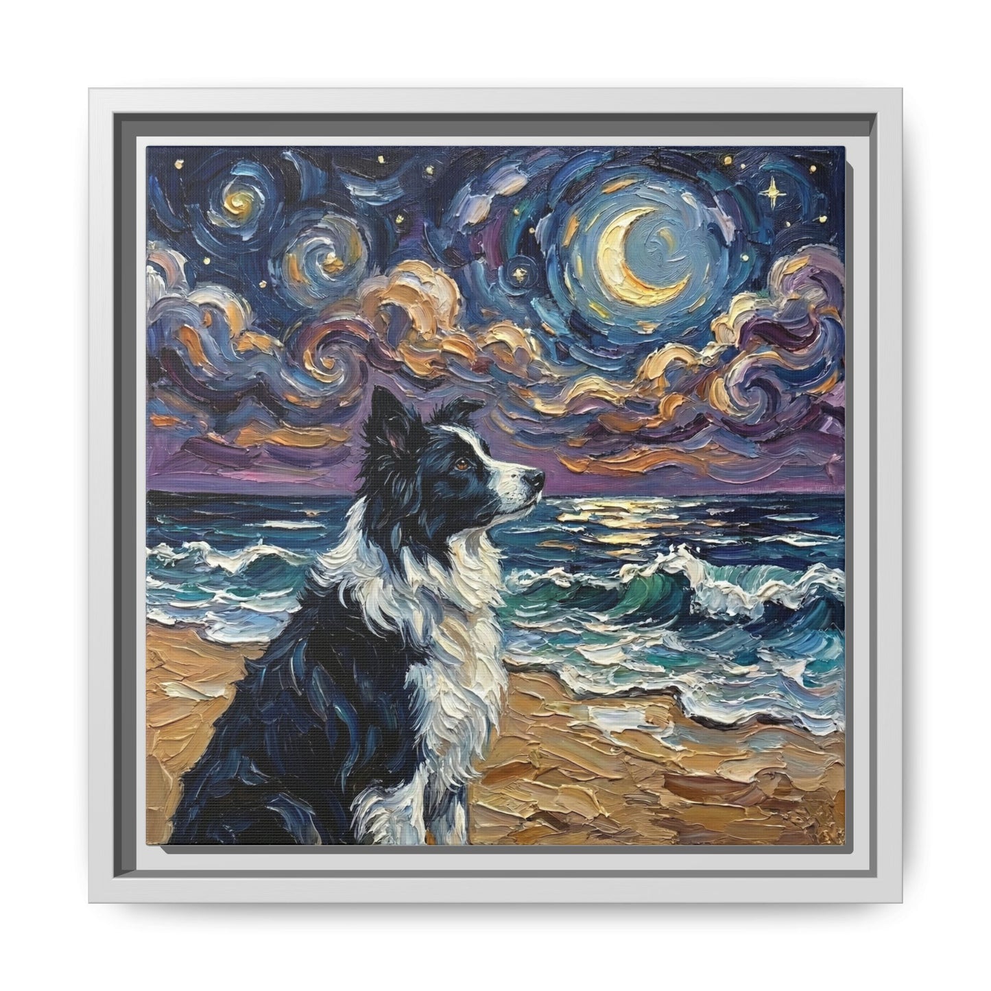 "Beach Night - Border Collie" Framed Canvas Wall Art