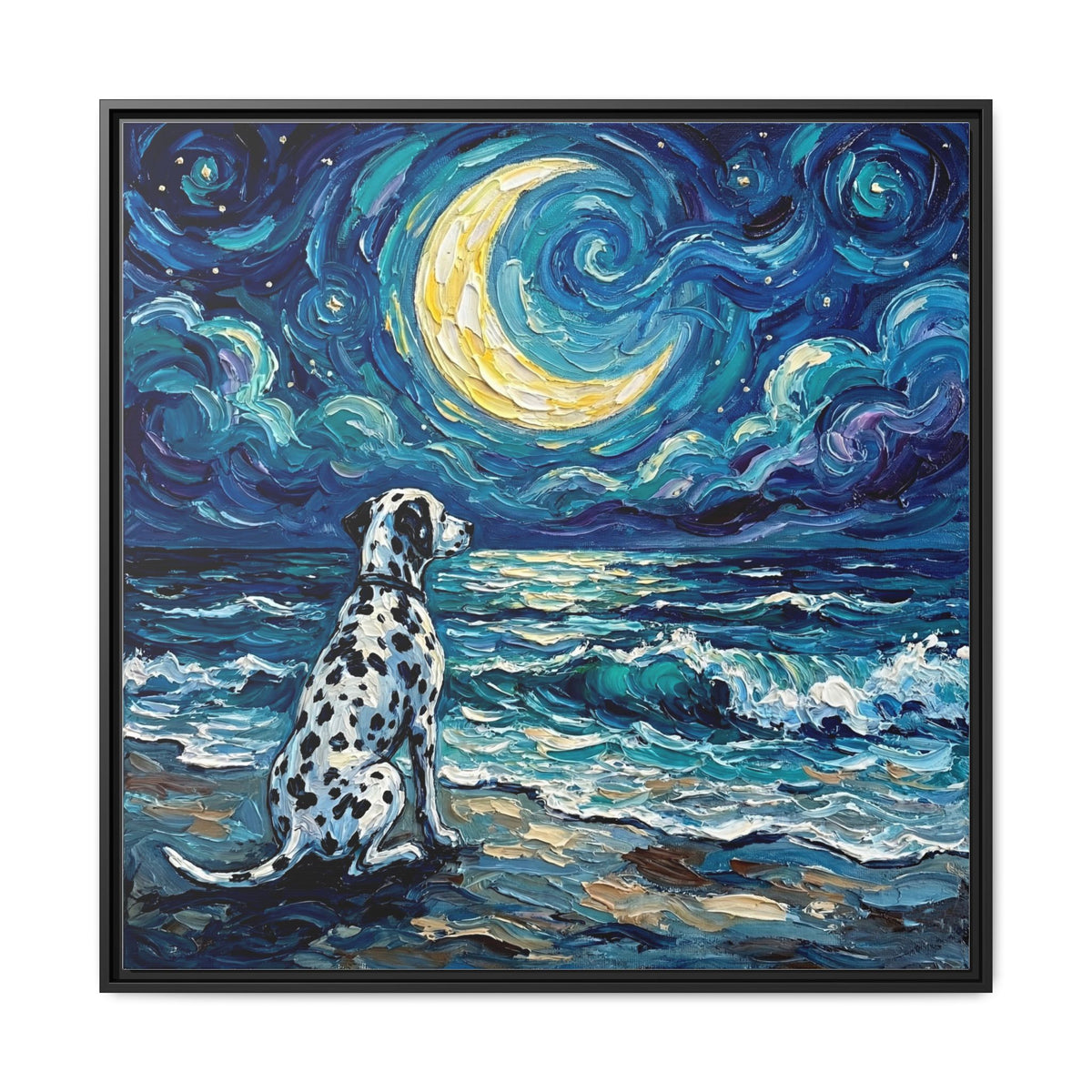 "Beach Night - Dalmatian" Framed Canvas Wall Art