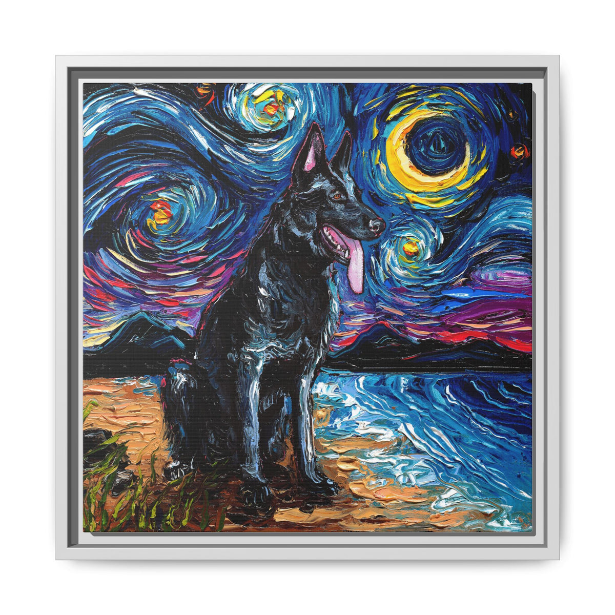"Black German Shepherd Night" Framed Canvas Wall Art