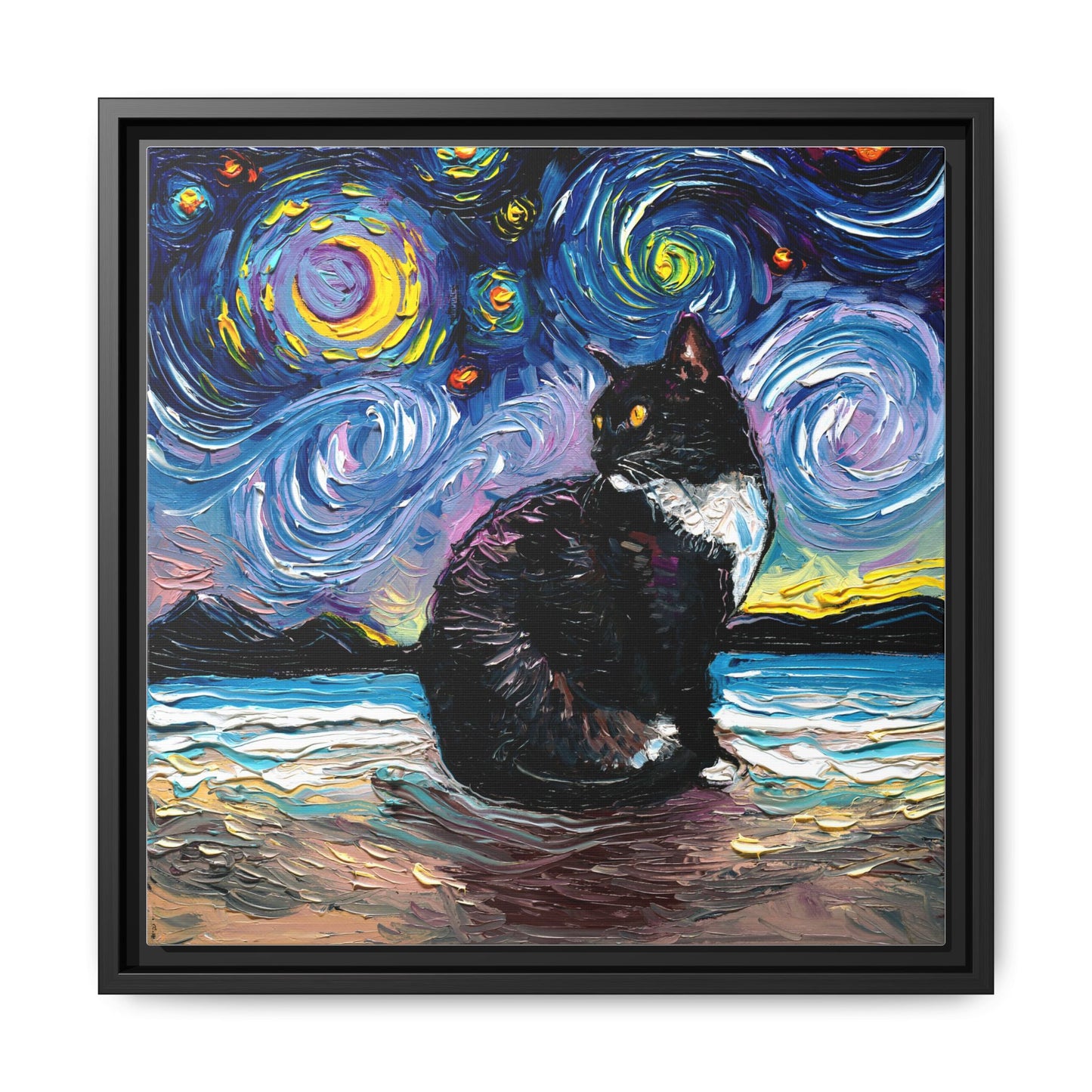 "Tuxedo Cat Night 2" Framed Canvas Wall Art