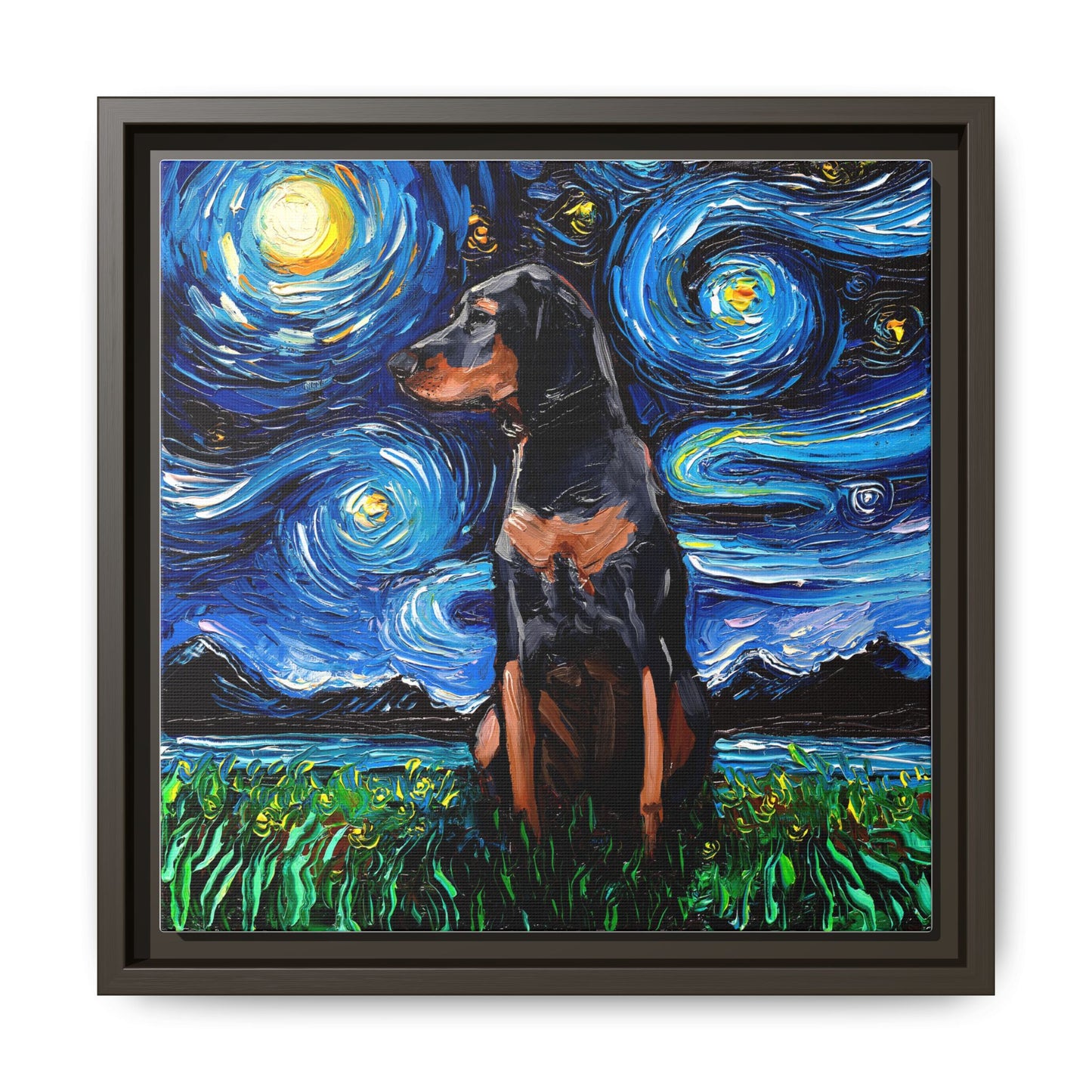 "Black and Tan Coonhound Night" Framed Canvas Wall Art