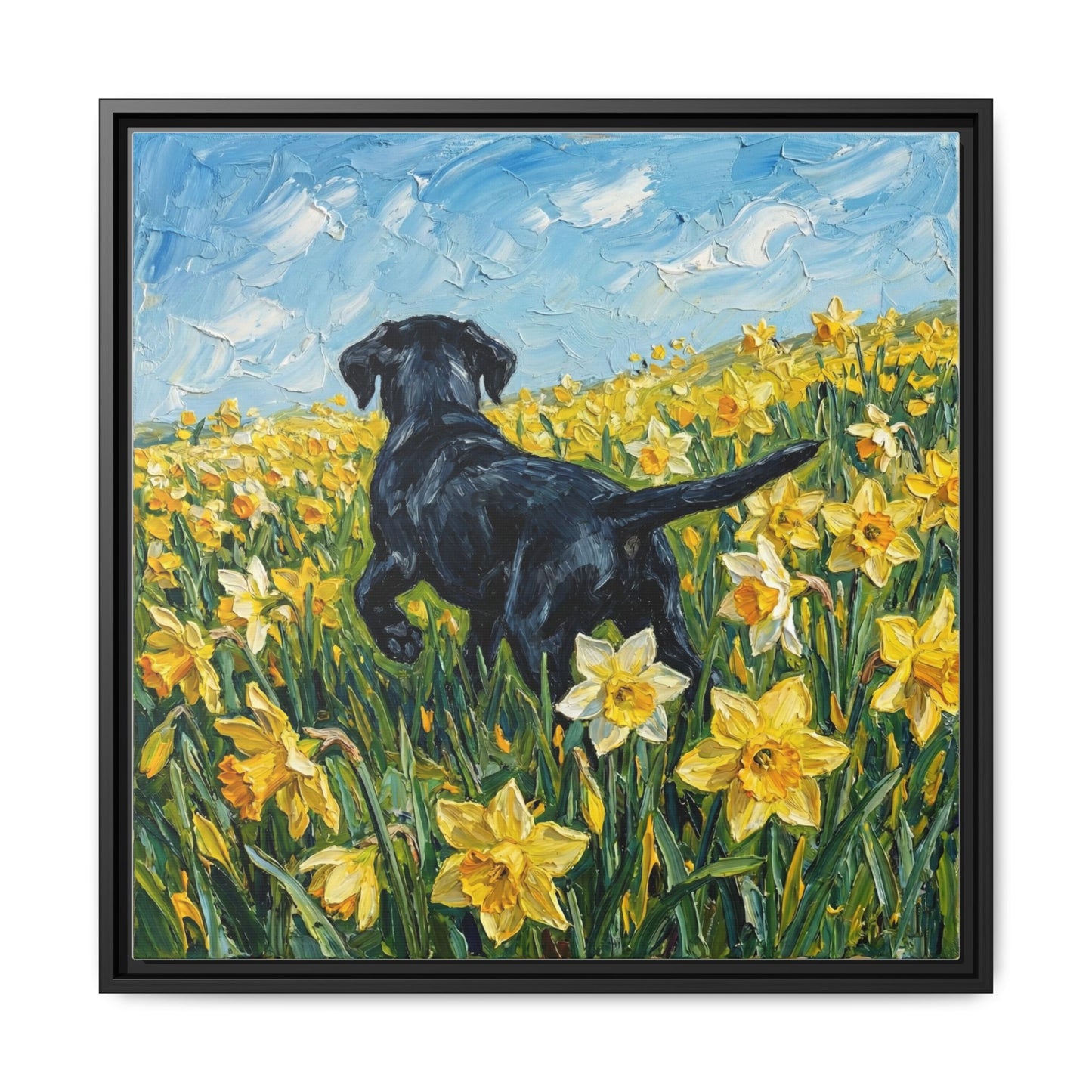 "Amongst The Flowers - Black Labrador" Framed Canvas Wall Art
