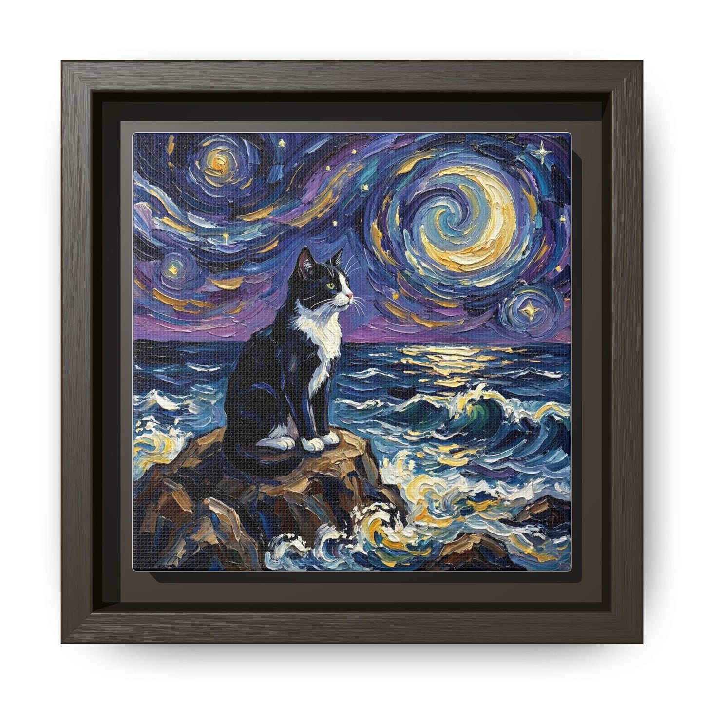 "Beach Night - Tuxedo Cat" Framed Canvas Wall Art