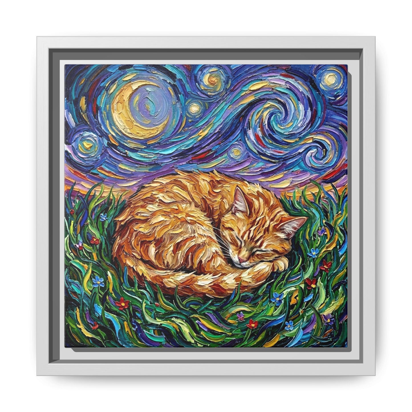 "Sleepy Orange Tabby Night" Framed Canvas Wall Art