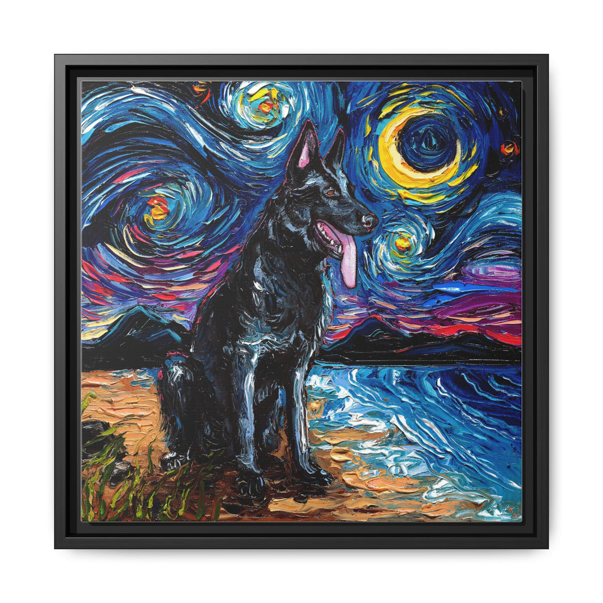 "Black German Shepherd Night" Framed Canvas Wall Art