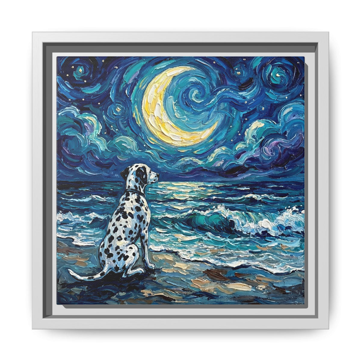 "Beach Night - Dalmatian" Framed Canvas Wall Art