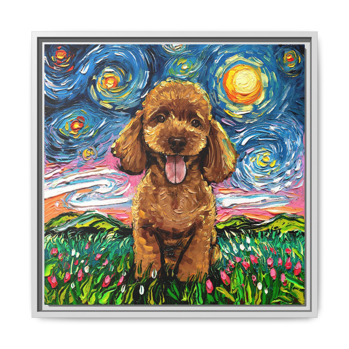 "Apricot Poodle Puppy Night" Framed Canvas Wall Art