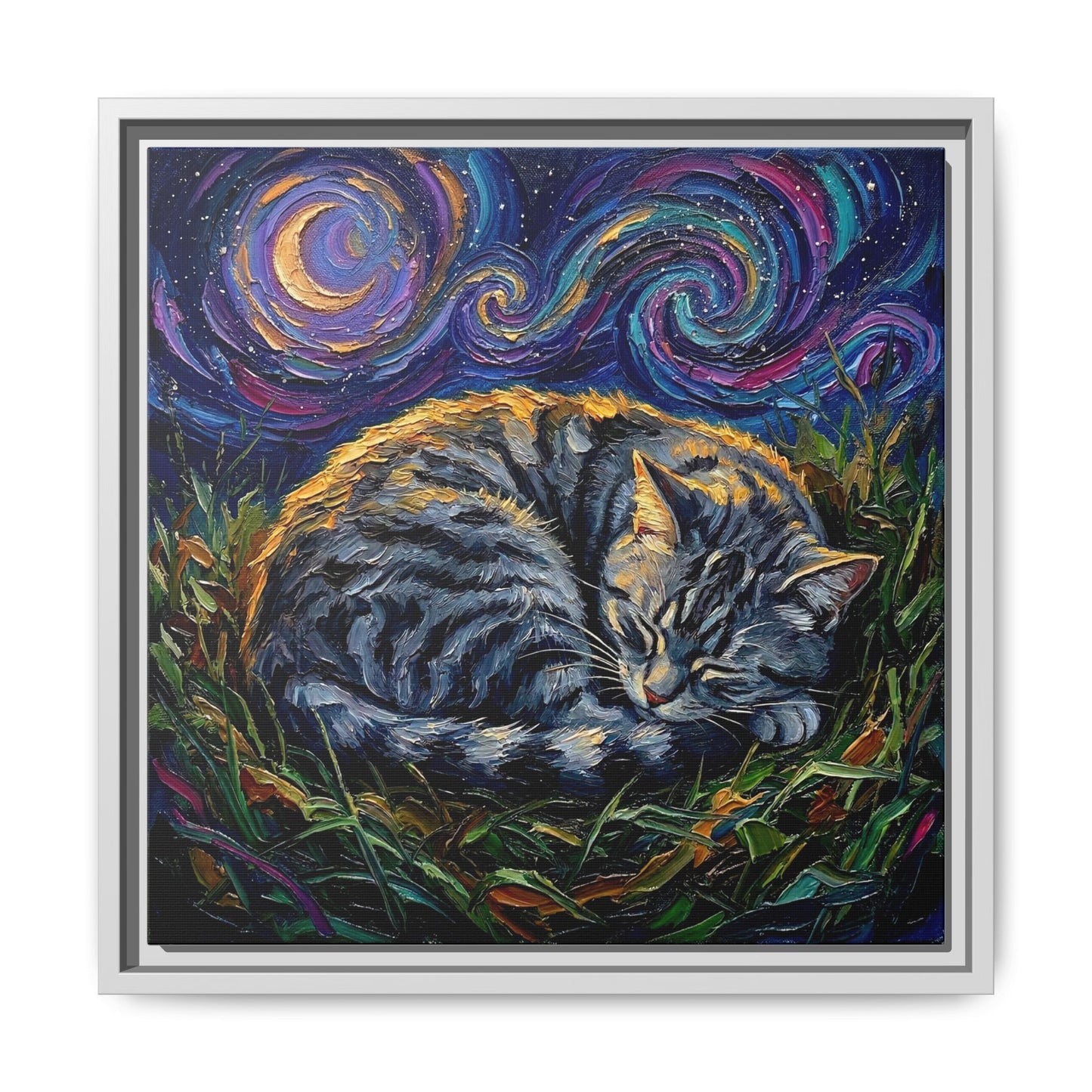 "Sleepy American Shorthair Tabby Night" Framed Canvas Wall Art