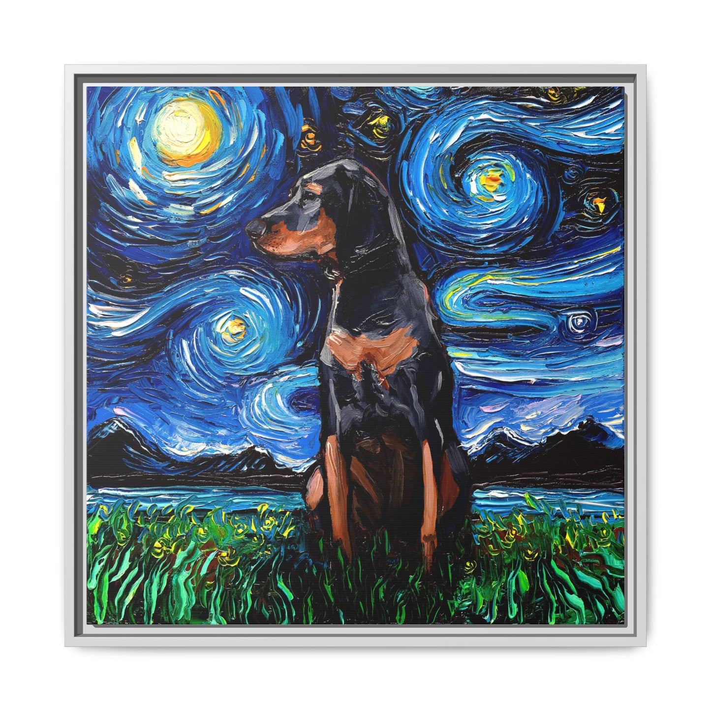 "Black and Tan Coonhound Night" Framed Canvas Wall Art