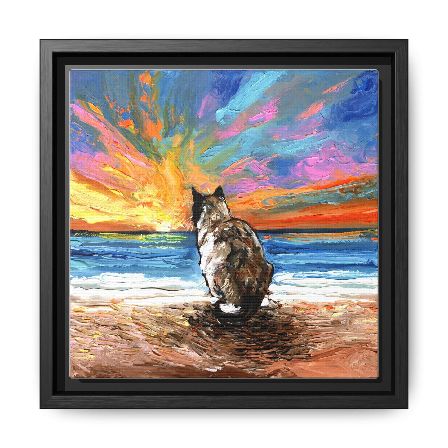 "Beach Day - Snowshoe Cat" Framed Canvas Wall Art