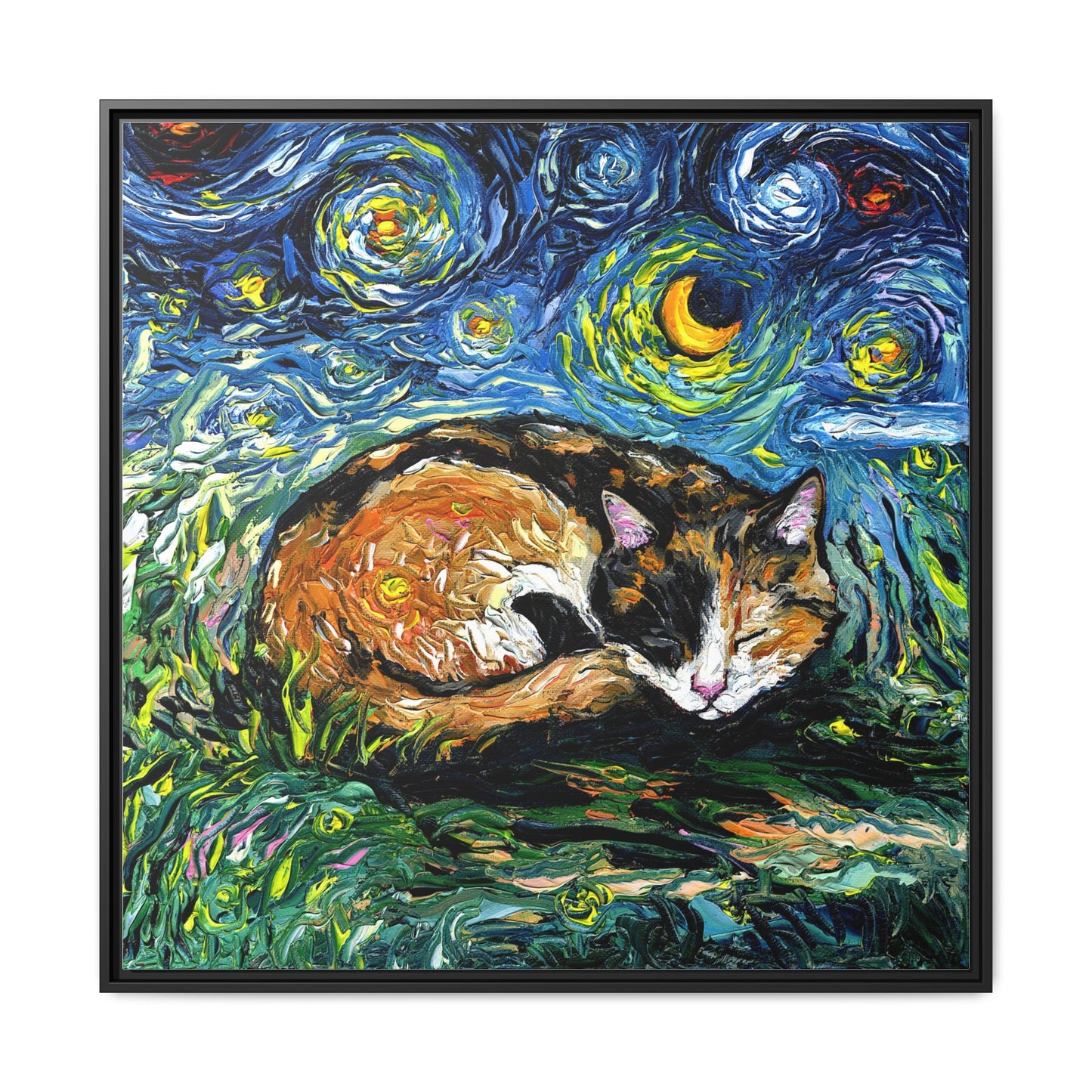 "Sleepy Calico Night" Framed Canvas Wall Art
