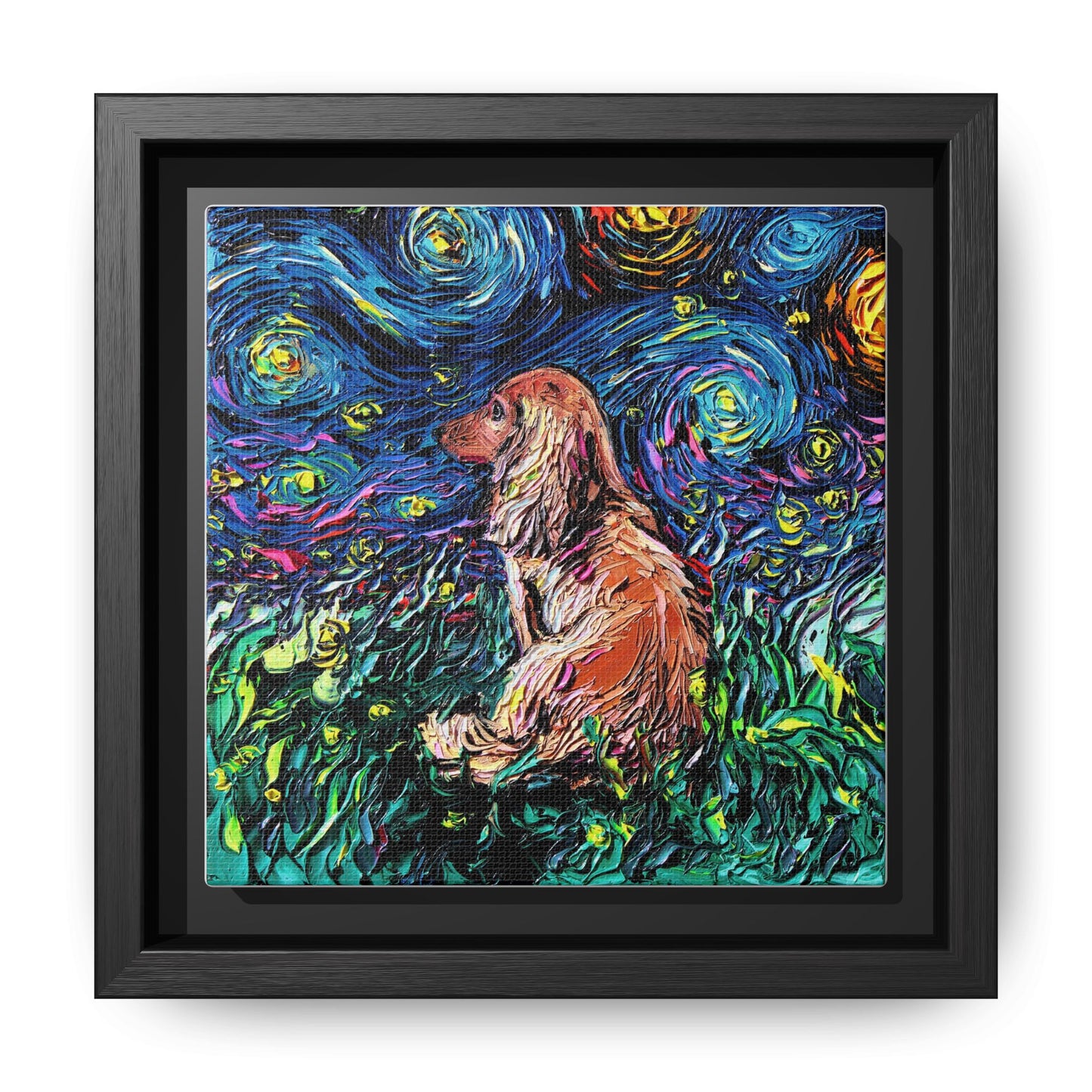 "Long Haired Brown Dachshund Night" Framed Canvas Wall Art