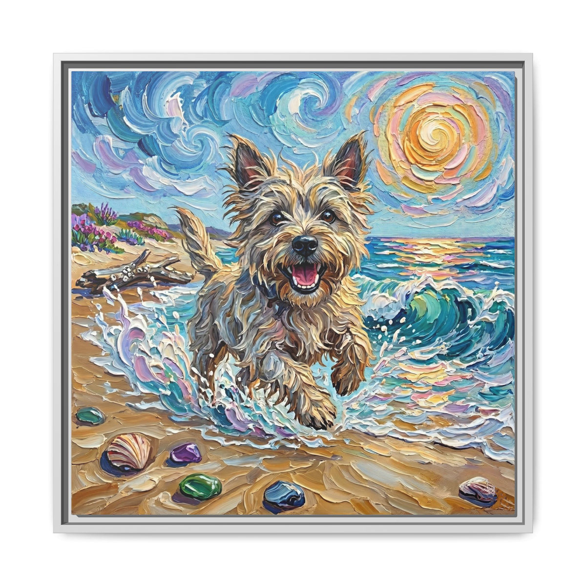 "Beach Days - Cairn Terrier" Framed Canvas Wall Art