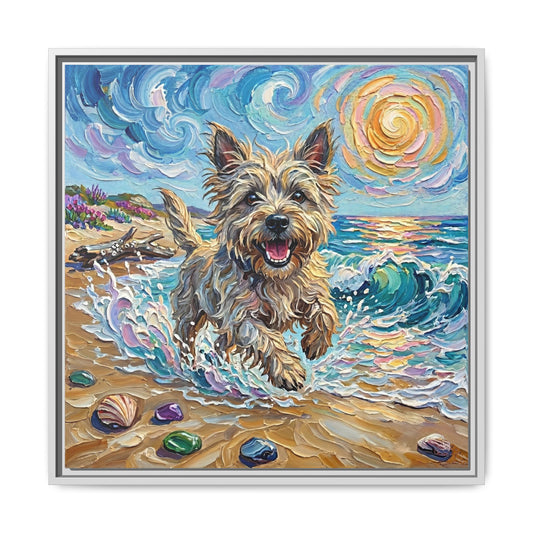 "Beach Days - Cairn Terrier" Framed Canvas Wall Art