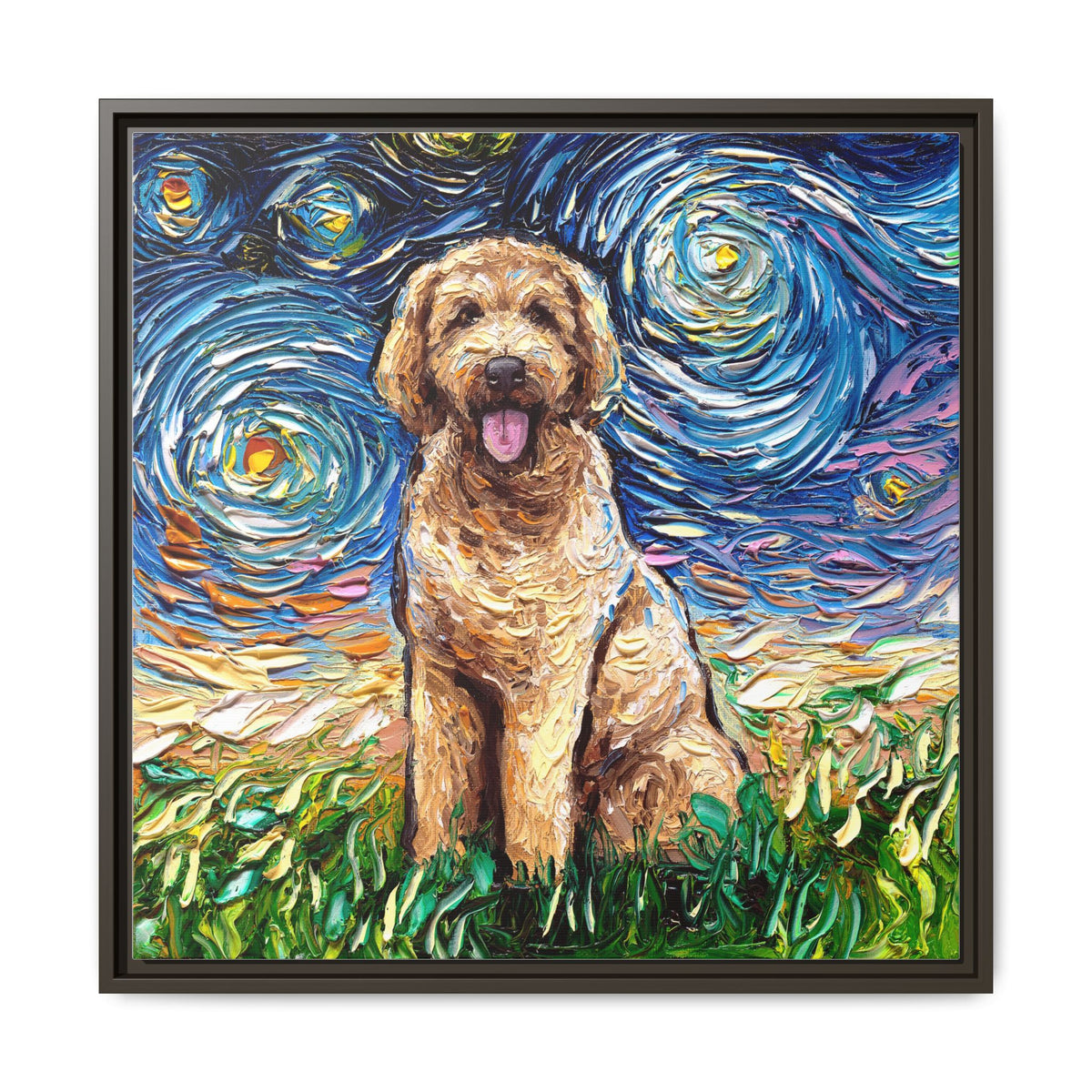 "Goldendoodle Night" Framed Canvas Wall Art