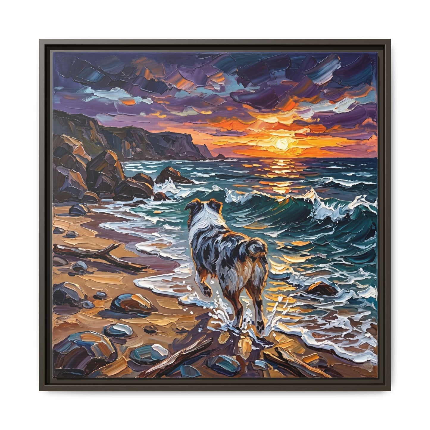"Beach Day - Merle Aussie Shepherd" Framed Canvas Wall Art