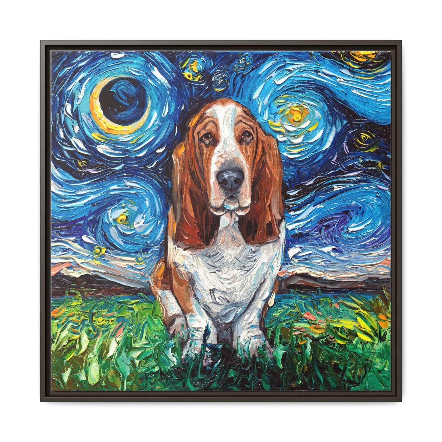 "Basset Hound Night" Framed Canvas Wall Art