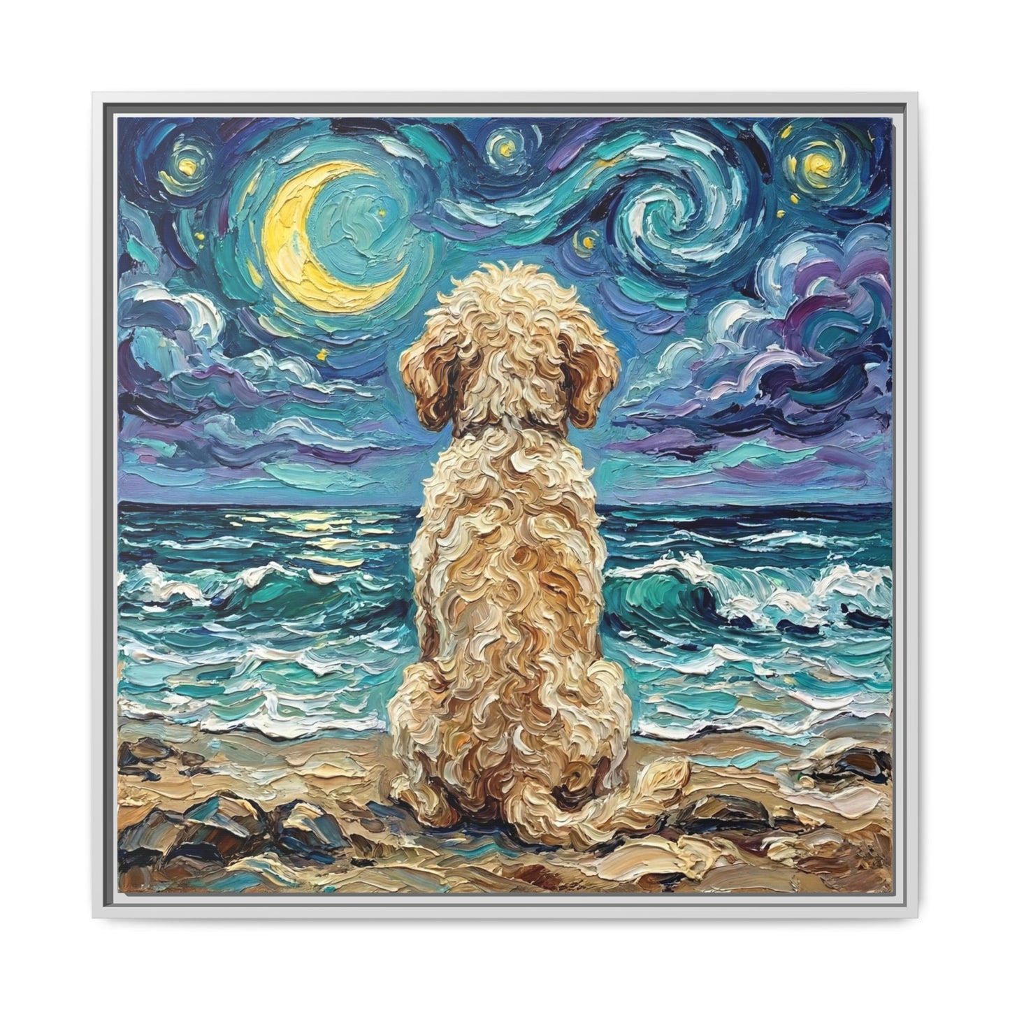 "Beach Nights - Goldendoodle" Framed Canvas Wall Art