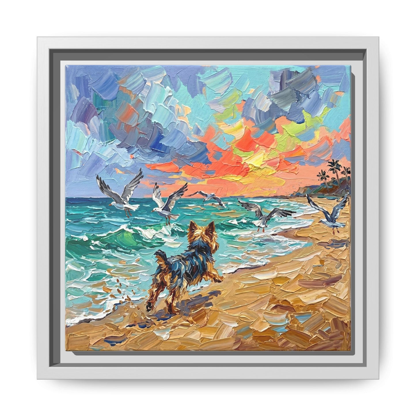 "Beach Day - Yorkie 2" Framed Canvas Wall Art