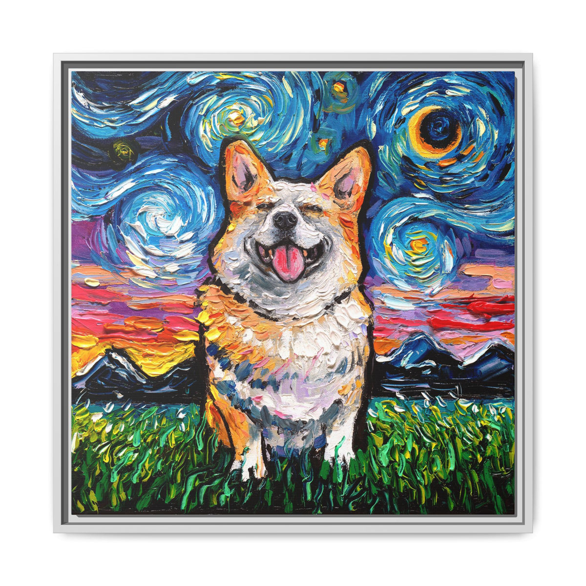 "Smiling Corgi Night" Framed Canvas Wall Art