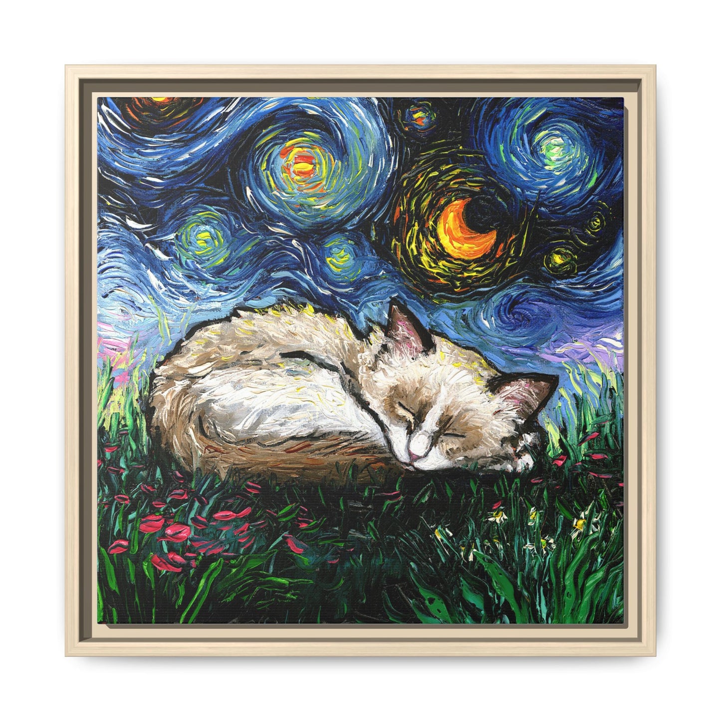"Sleepy Ragdoll Kitten Night" Framed Canvas Wall Art