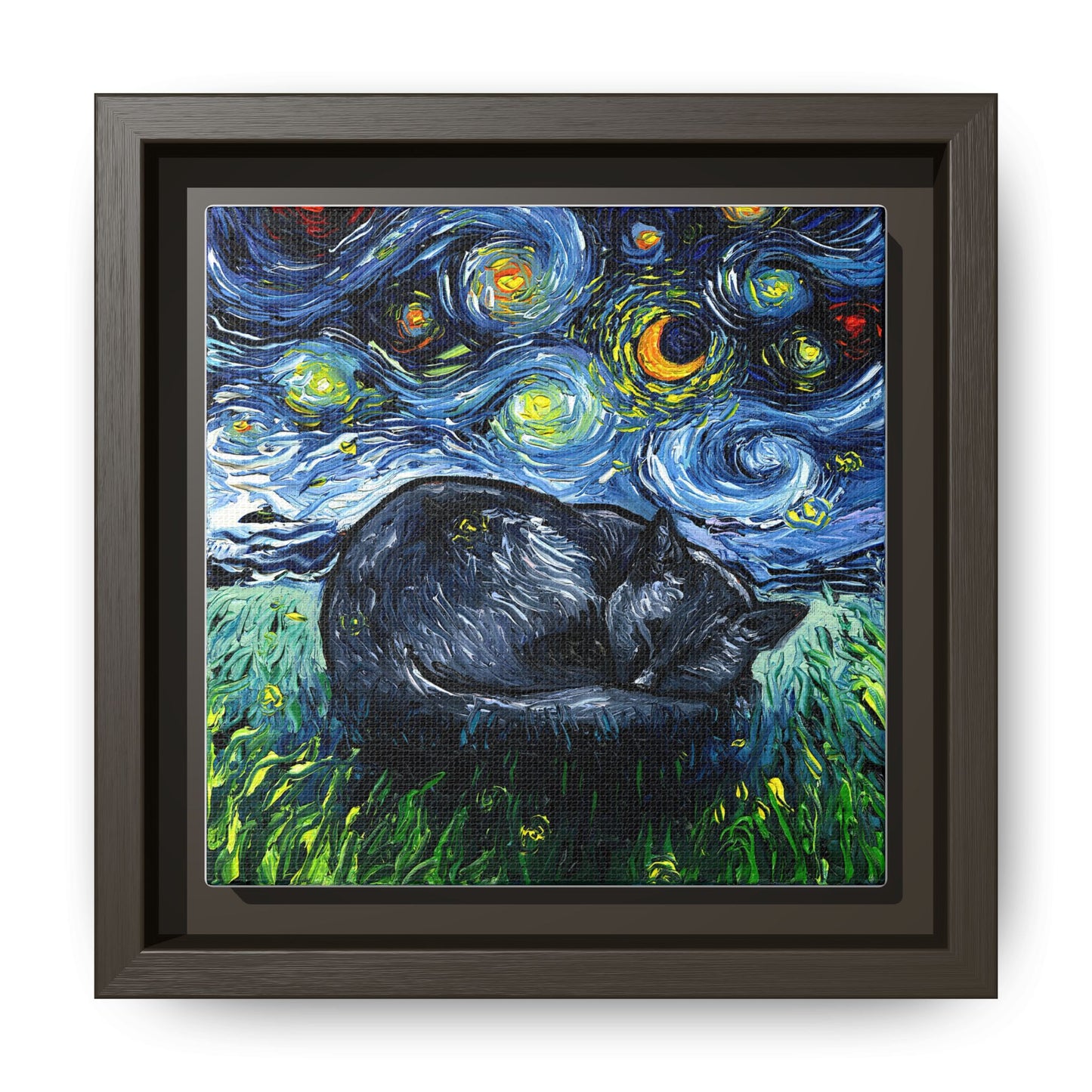 "Sleepy Black Cat Night" Framed Canvas Wall Art