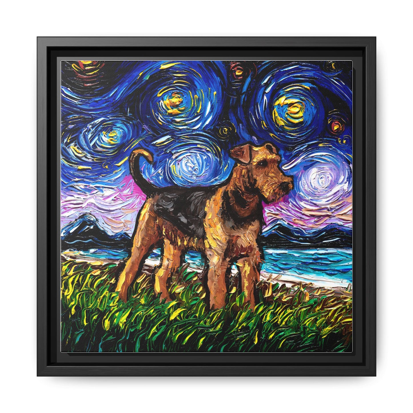 "Airedale Terrier Night" Framed Canvas Wall Art