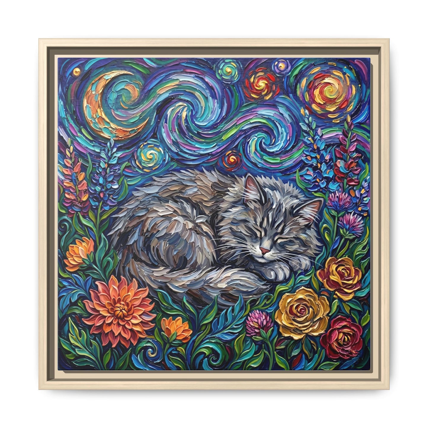 "Amongst The Flowers - Gray Domestic Long Haired Cat" Framed Canvas Wall Art