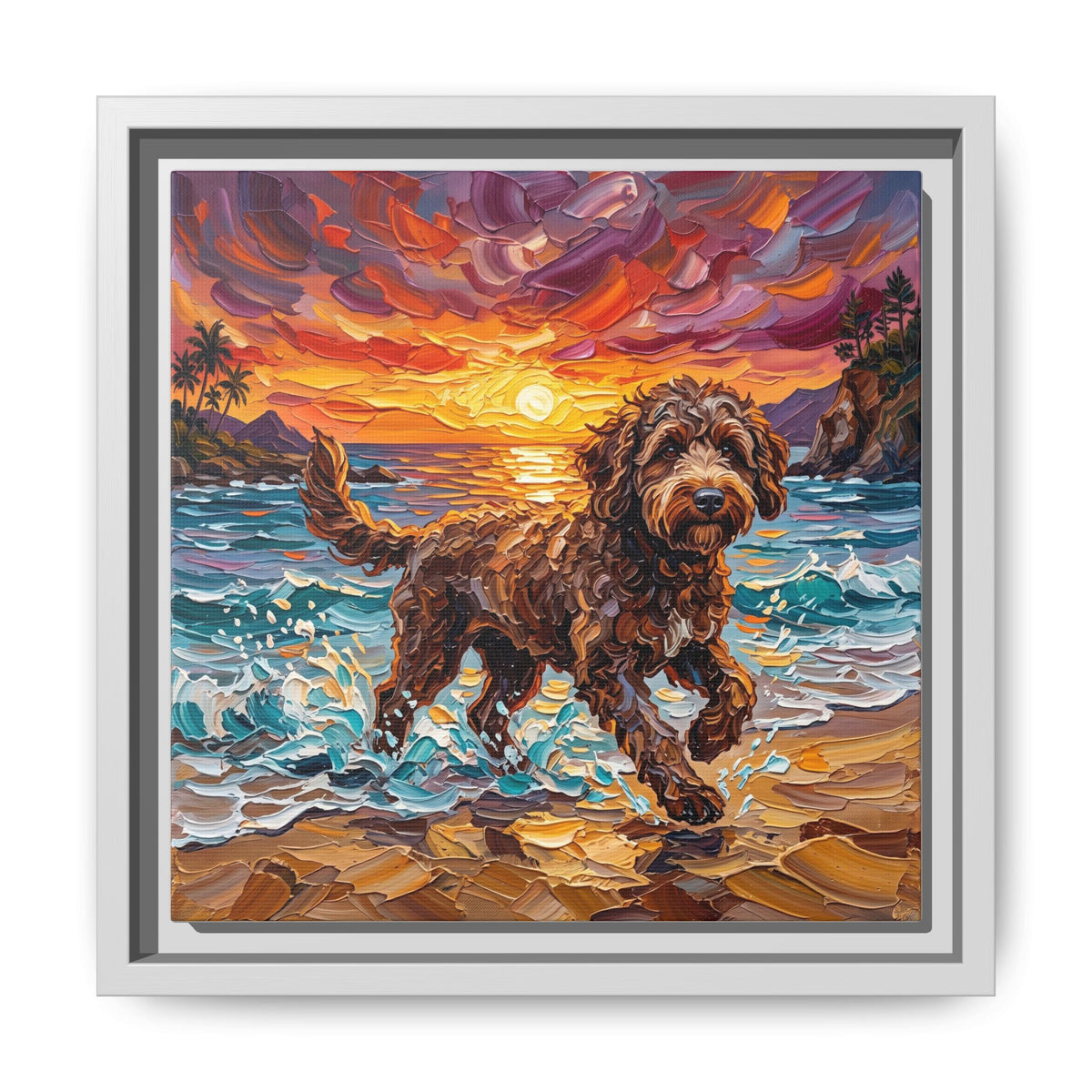 "Beach Day - Brown Goldendoodle" Framed Canvas Wall Art