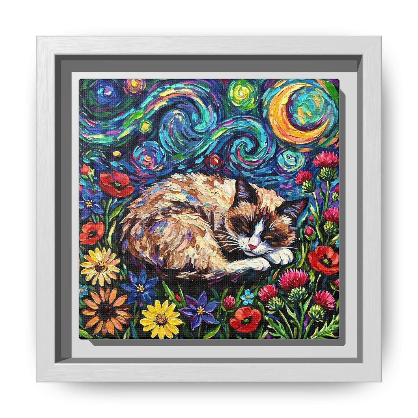 "Sleepy Snowshoe Cat Night" Framed Canvas Wall Art