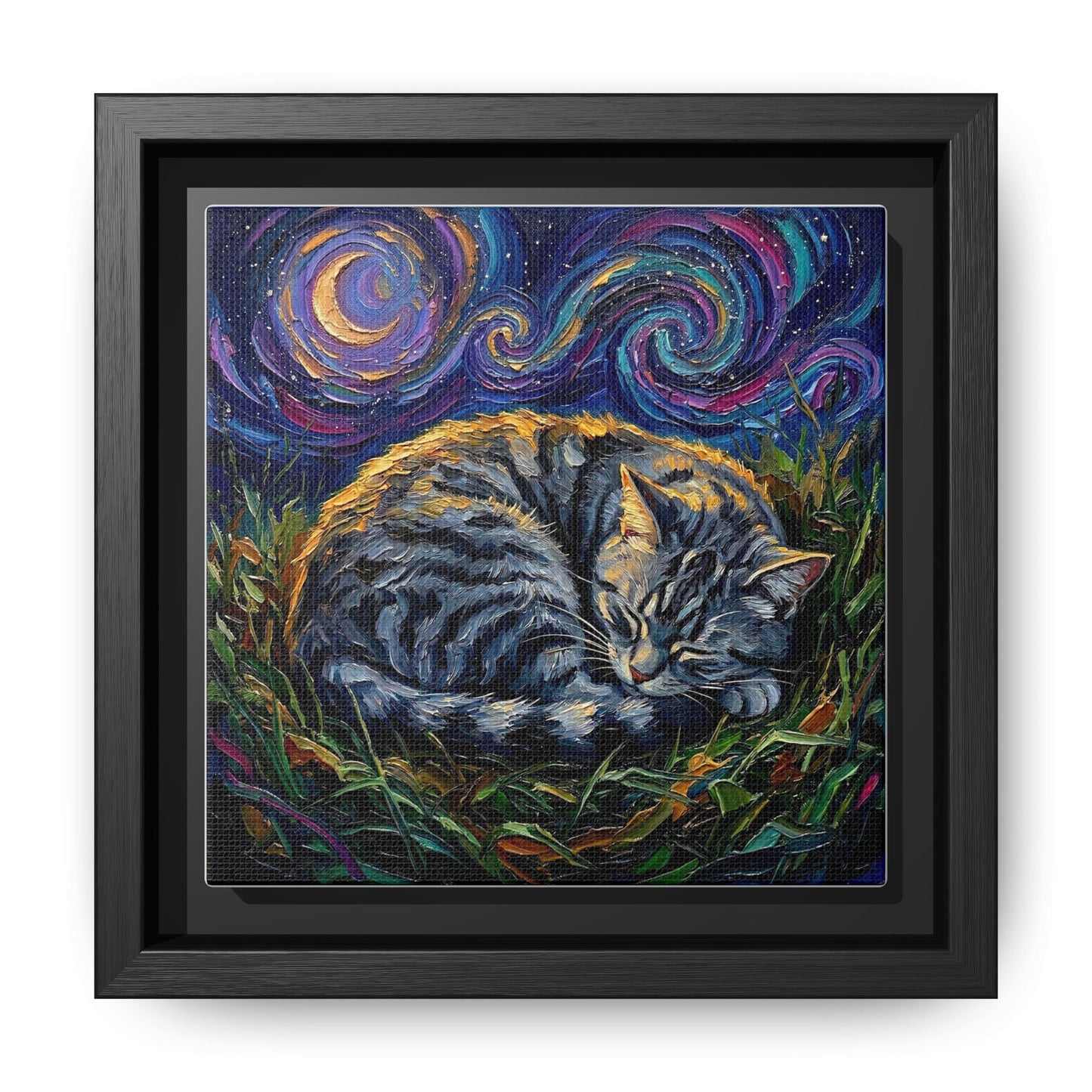 "Sleepy American Shorthair Tabby Night" Framed Canvas Wall Art