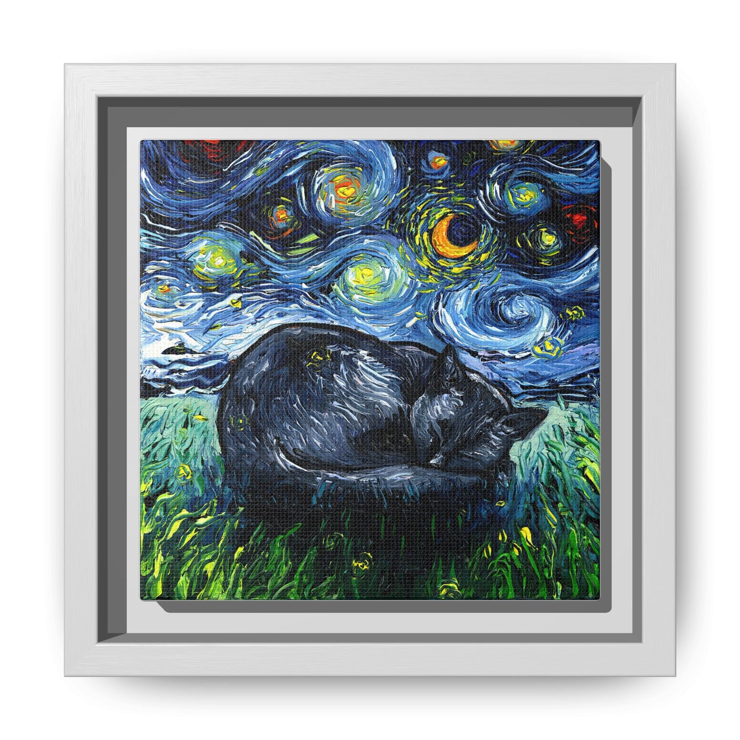 "Sleepy Black Cat Night" Framed Canvas Wall Art