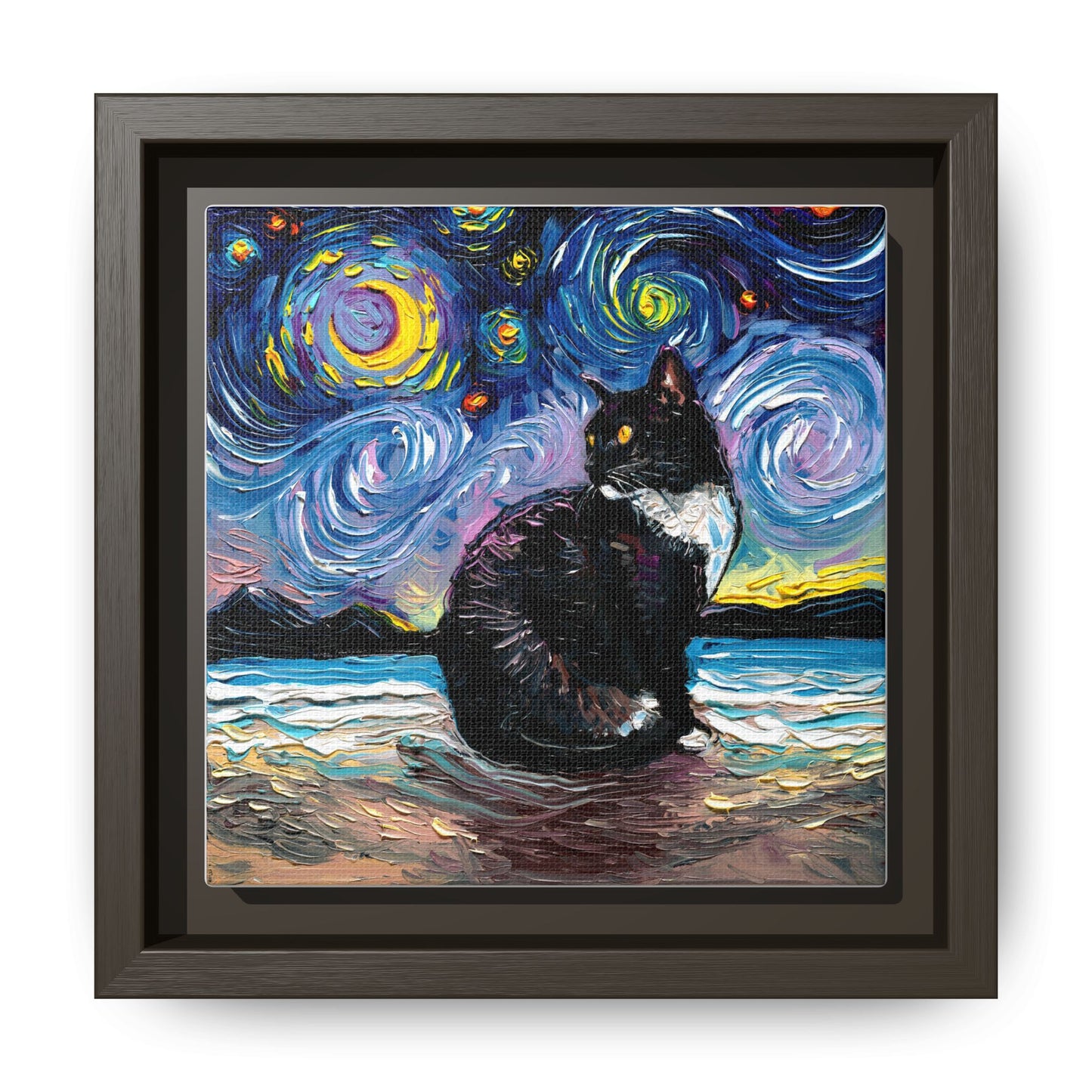 "Tuxedo Cat Night 2" Framed Canvas Wall Art