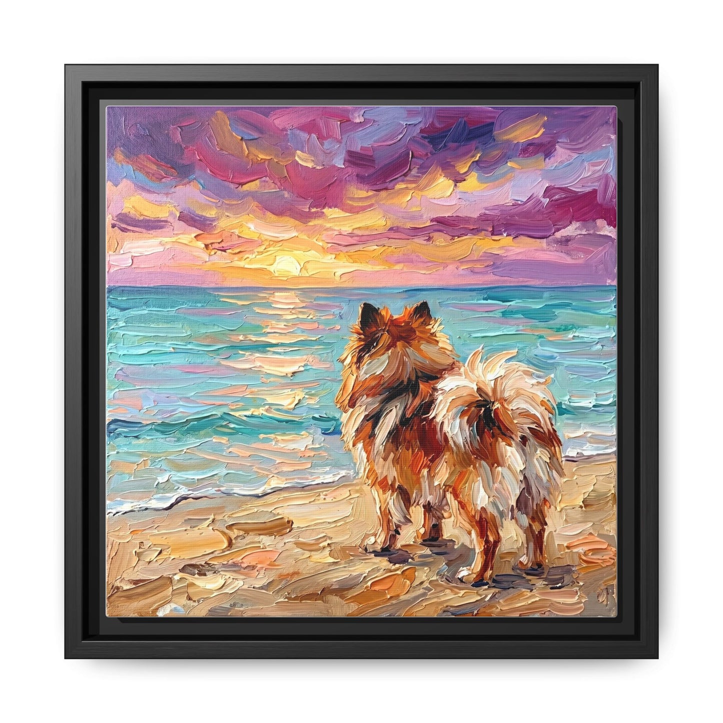 "Beach Sunset - Pomeranian" Framed Canvas Wall Art