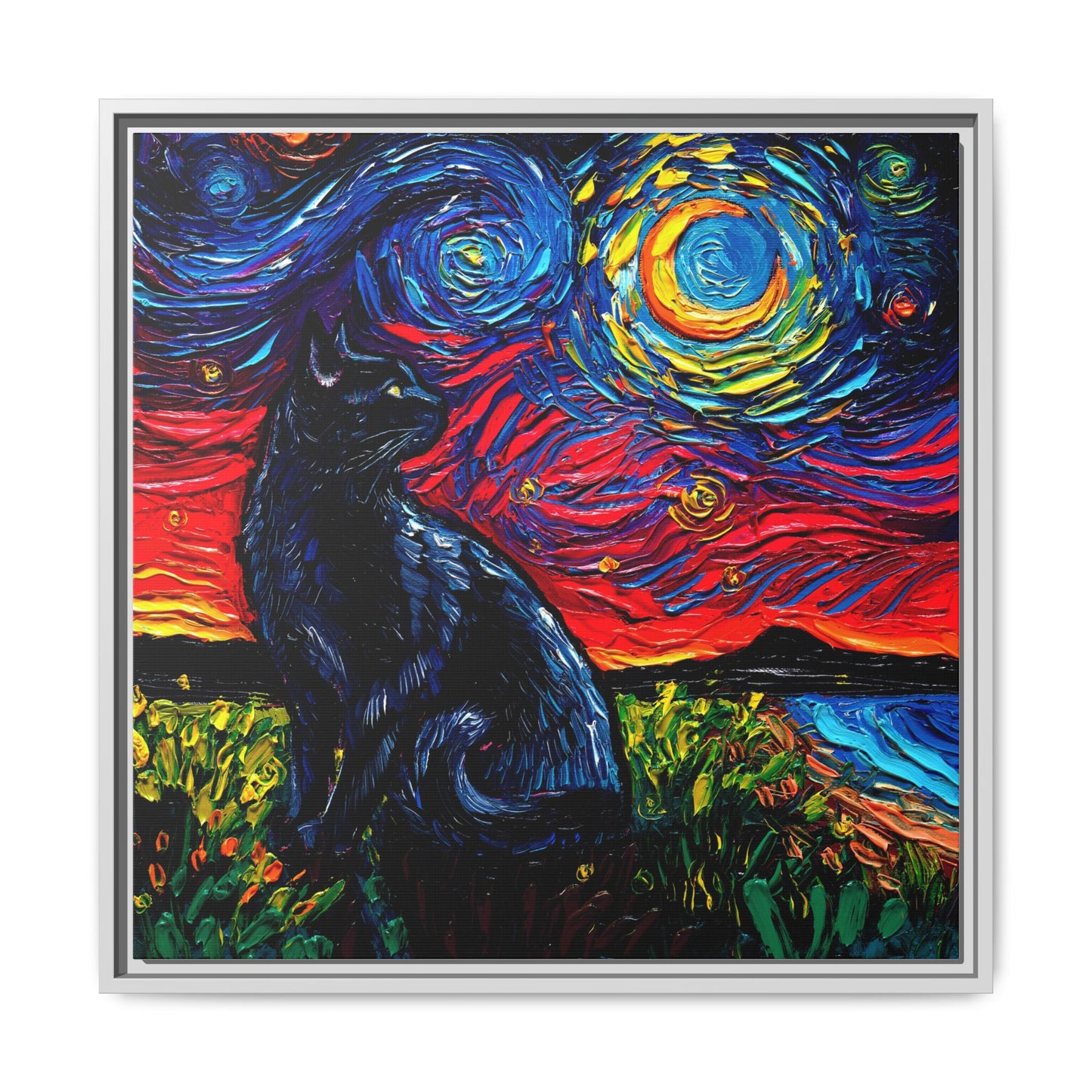 "Black Cat Night" Framed Canvas Wall Art