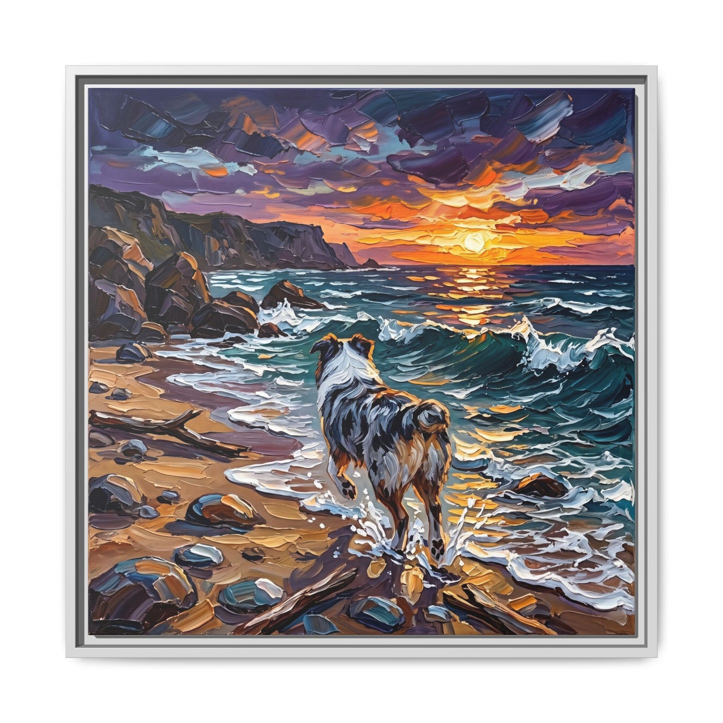 "Beach Day - Merle Aussie Shepherd" Framed Canvas Wall Art