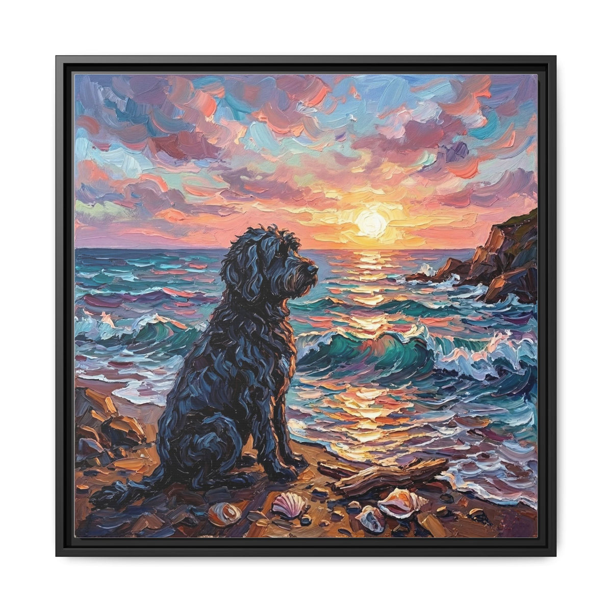 "Beach Days - Portuguese Water Dog" Framed Canvas Wall Art