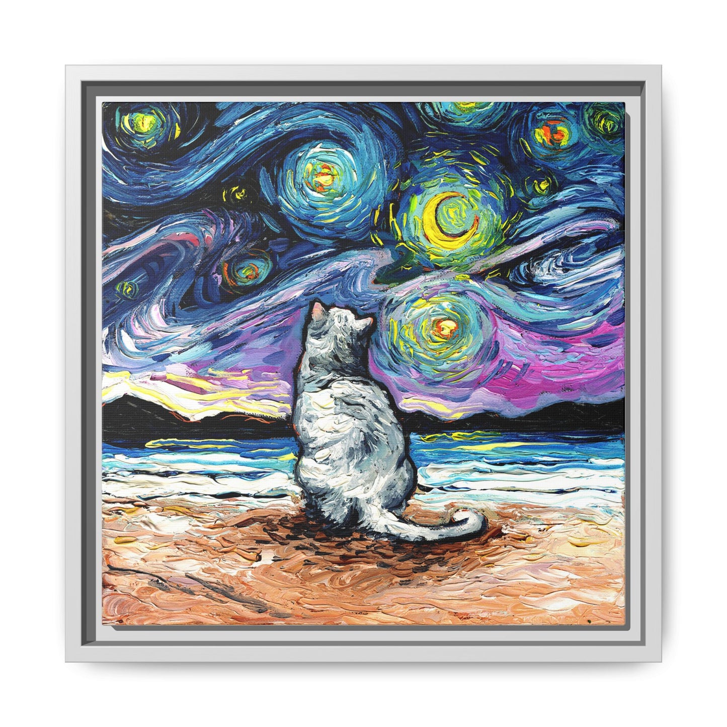 "White Cat Night 2" Framed Canvas Wall Art