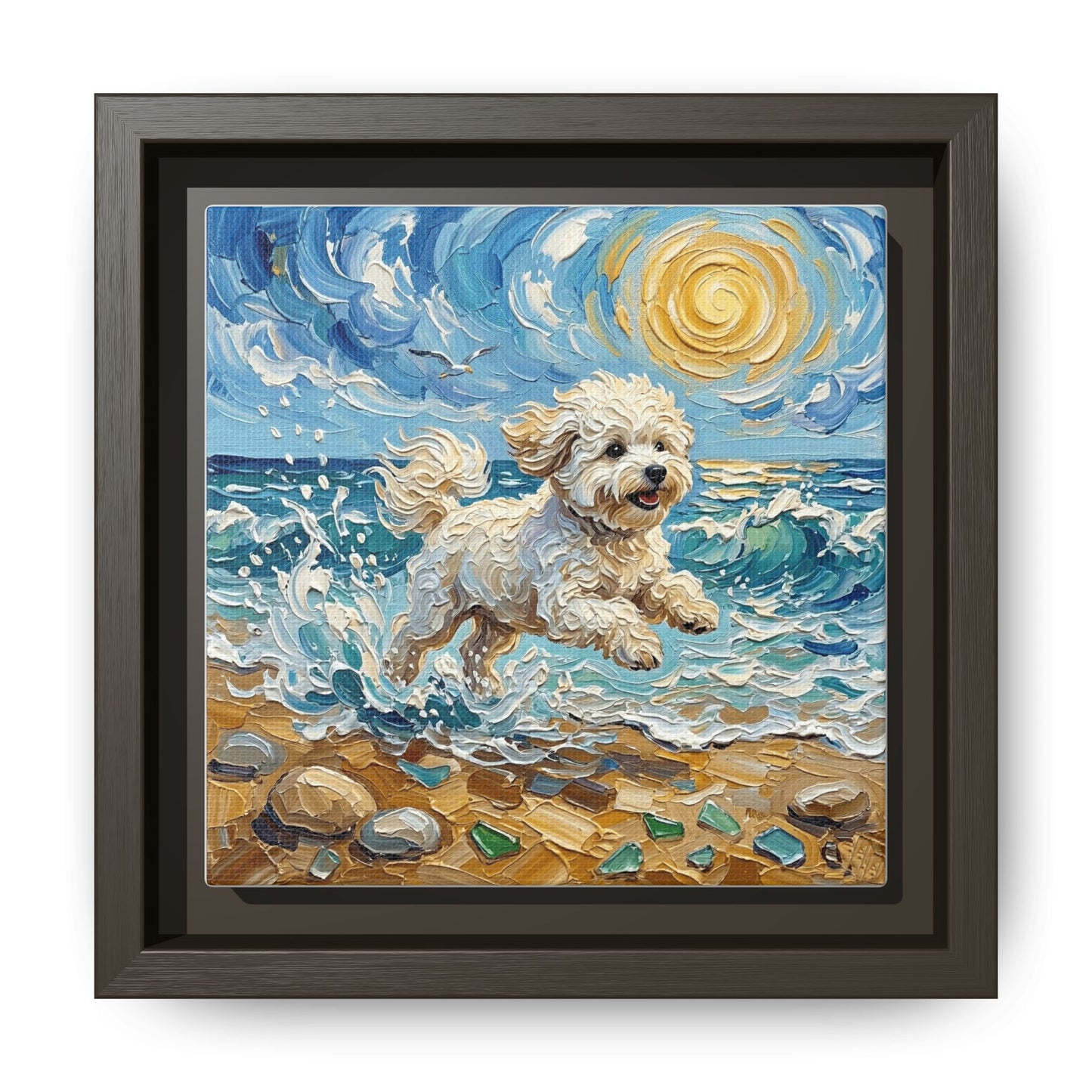 "Beach Day - Bichon Frise" Framed Canvas Wall Art