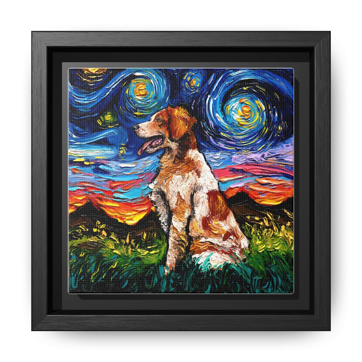 "Brittany Spaniel Night" Framed Canvas Wall Art