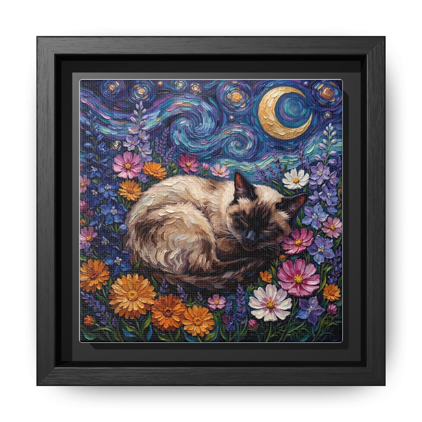 "Amongst The Flowers - Siamese Cat" Framed Canvas Wall Art