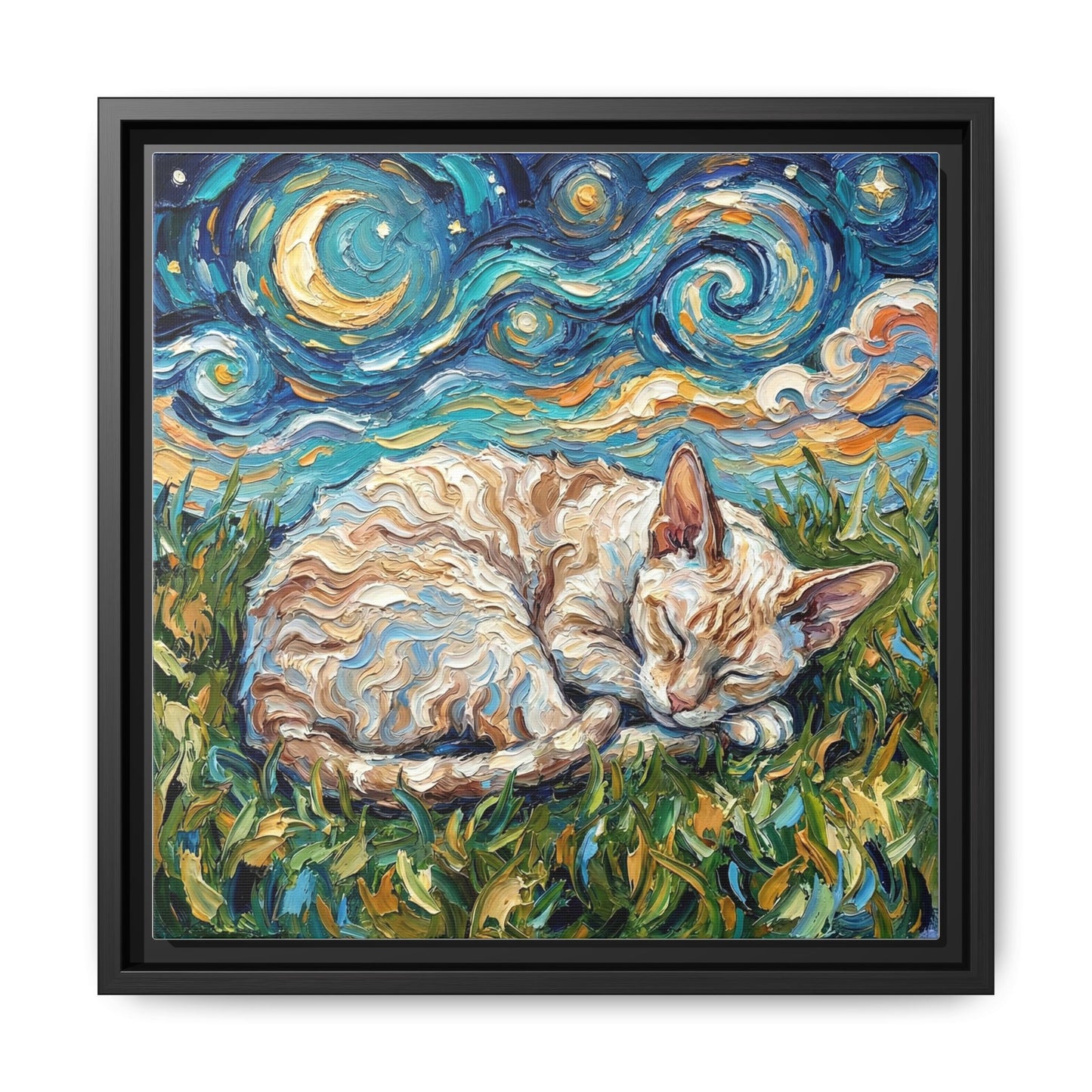 "Sleepy Cornish Rex Night" Framed Canvas Wall Art