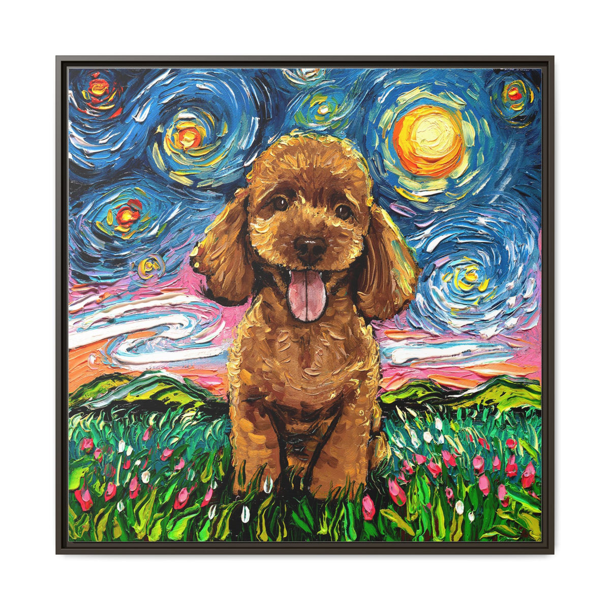 "Apricot Poodle Puppy Night" Framed Canvas Wall Art