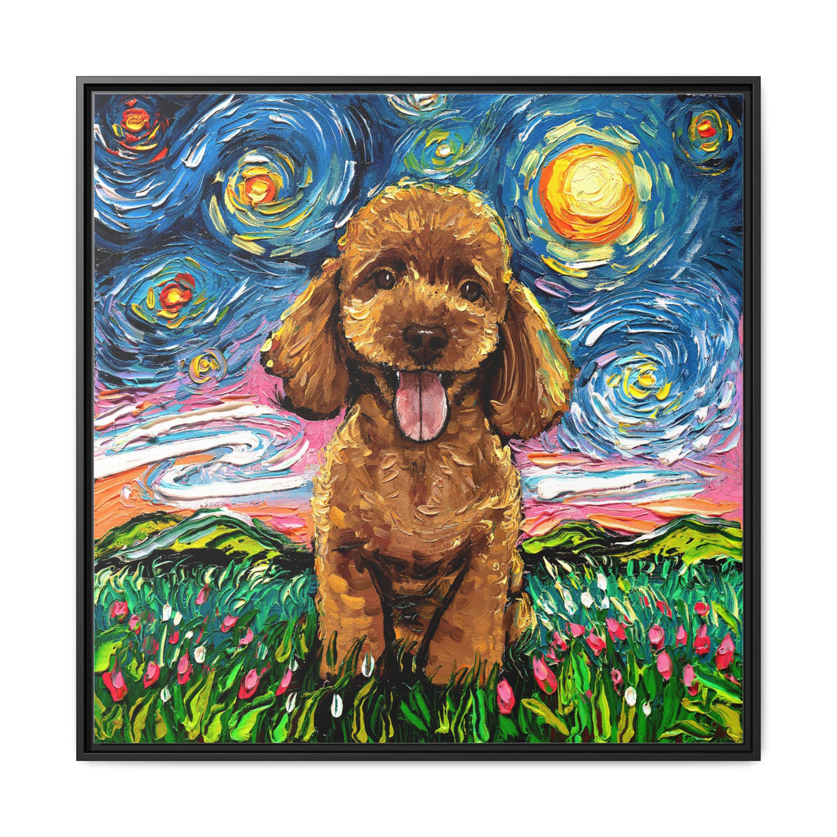 "Apricot Poodle Puppy Night" Framed Canvas Wall Art