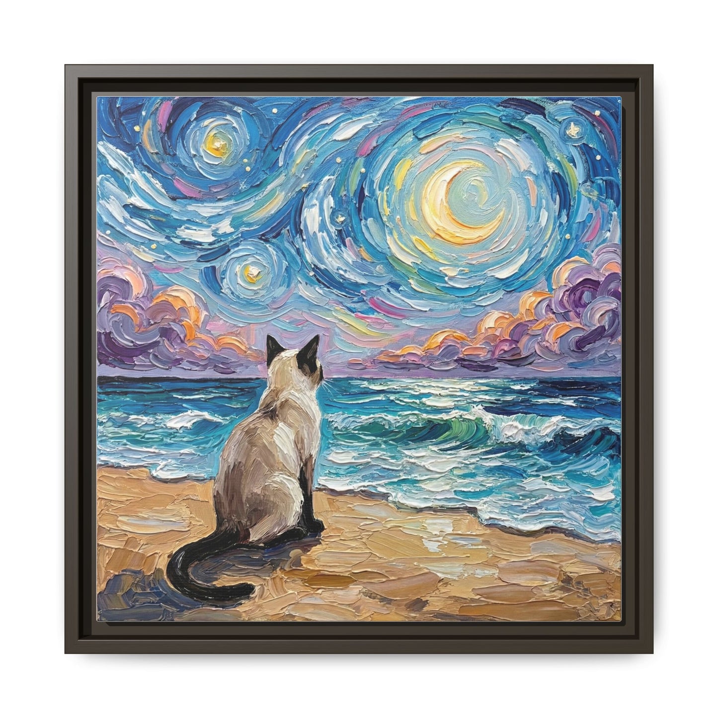 "Beach Night - Siamese Cat" Framed Canvas Wall Art