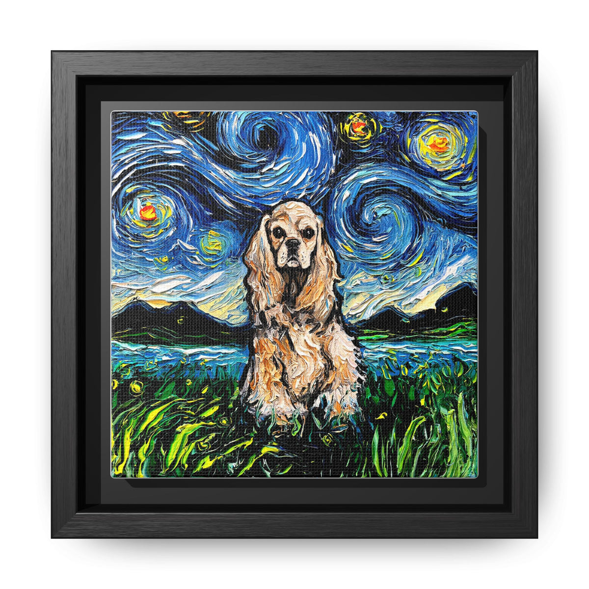 "Buff American Cocker Spaniel Night" Framed Canvas Wall Art